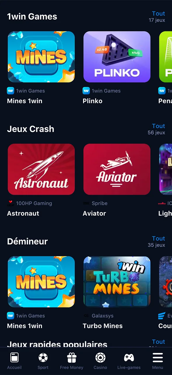 Profitez de vos jeux préférés avec l'app 1Win casino.