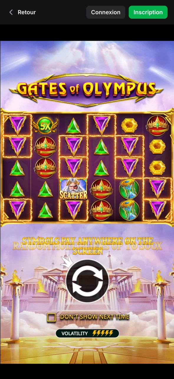 Ouvrez le jeu Gates of Olympus sur 1Win.