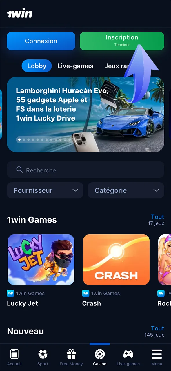 Cliquez sur le bouton d'enregistrement et rejoignez 1Win maintenant.