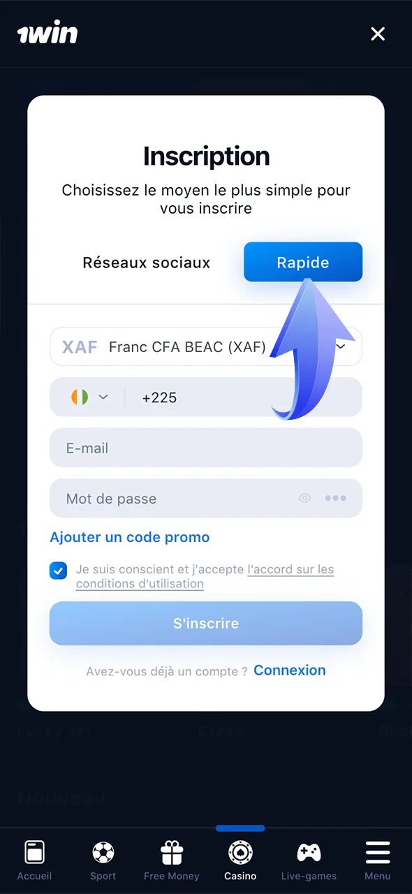Choisissez votre mode d'inscription préféré et commencez à jouer sur 1Win.