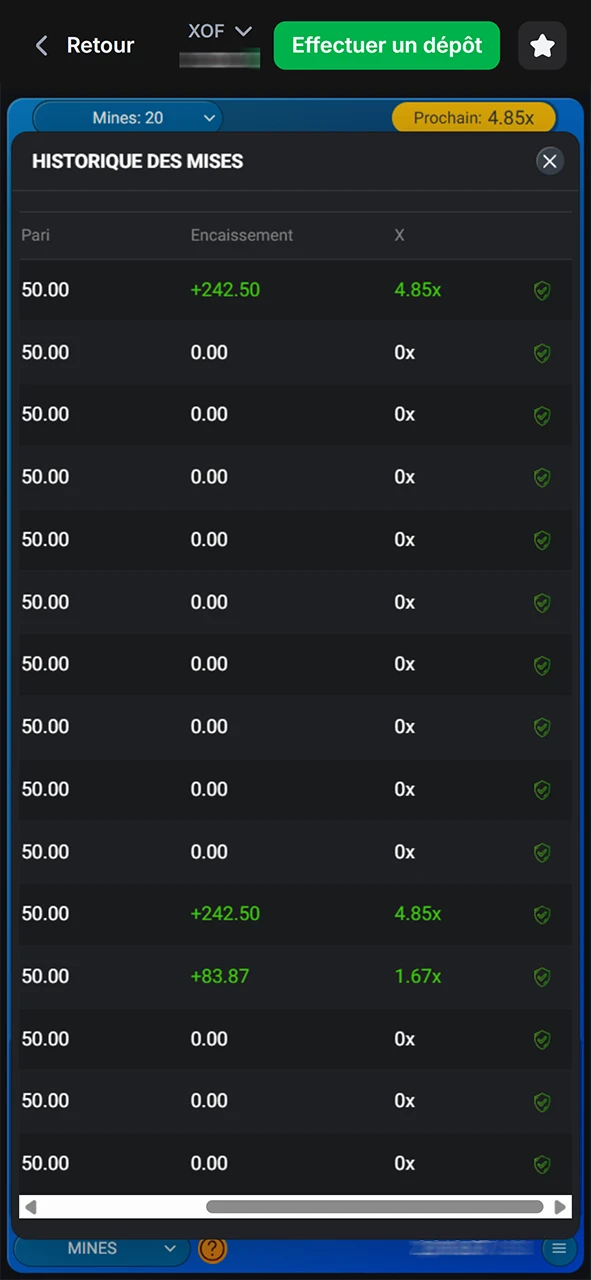 Suivez l'historique de vos paris dans le jeu Mines 1win.