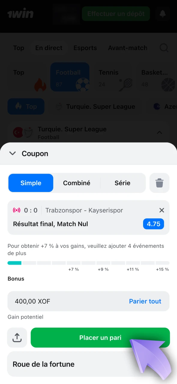Confirmez le coupon 1win pour placer votre pari.