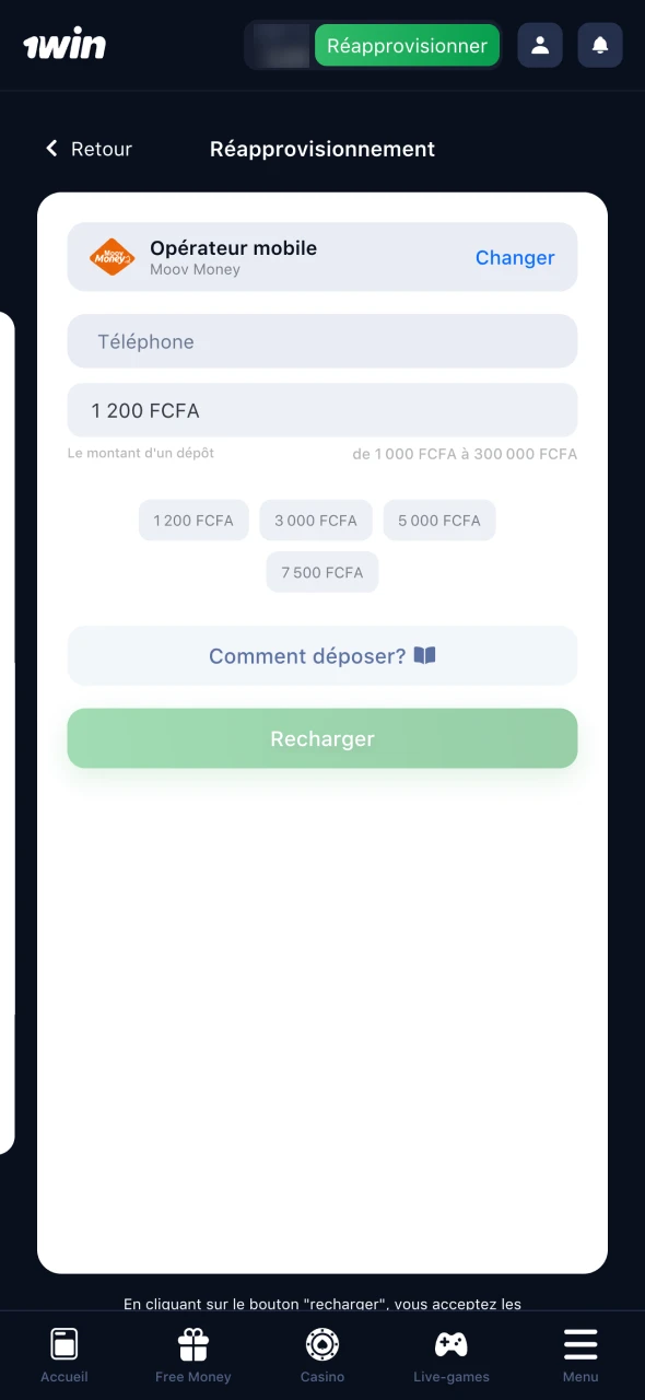 Cliquez sur le bouton Dépôt sur la page principale de 1Win.