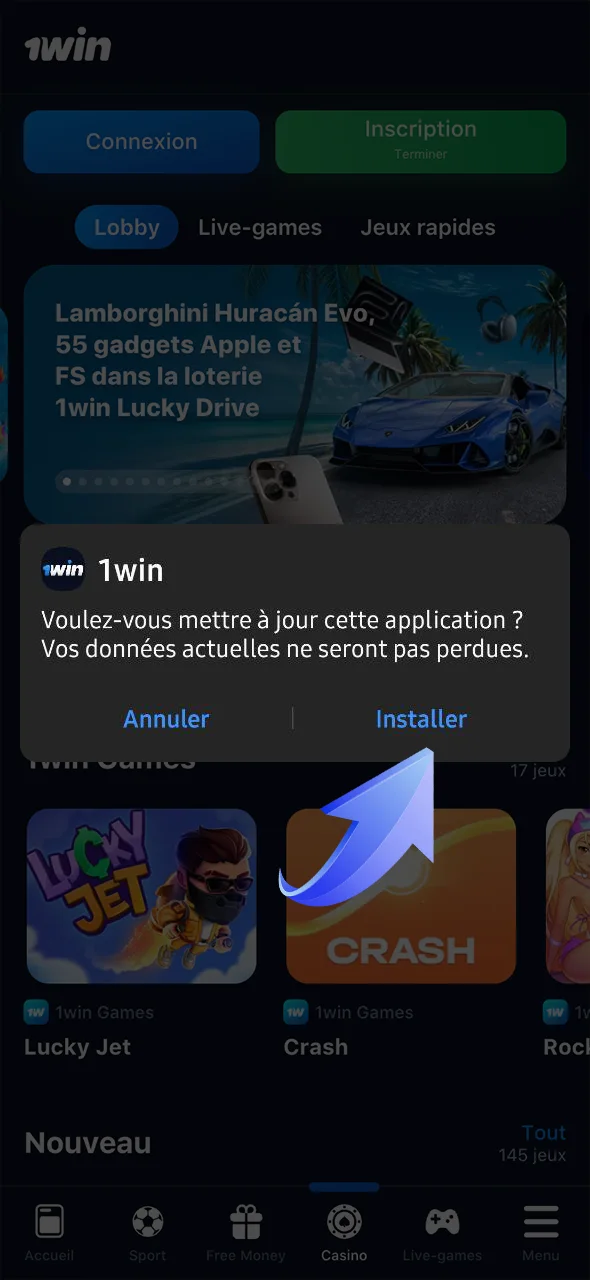 Installez le fichier APK 1Win en quelques clics.