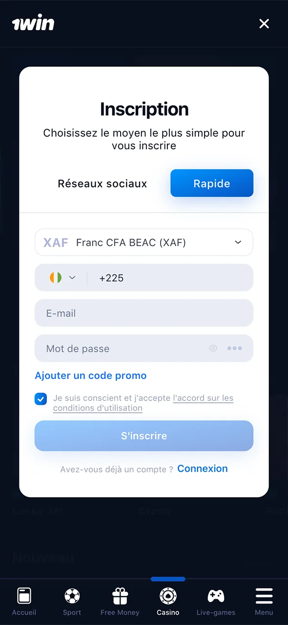Connectez-vous et commencez à jouer via l'application 1Win.