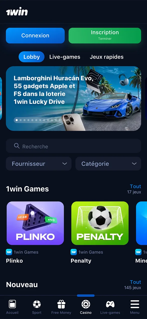 Accédez à toutes les fonctionnalités depuis la page principale de l'app 1Win.