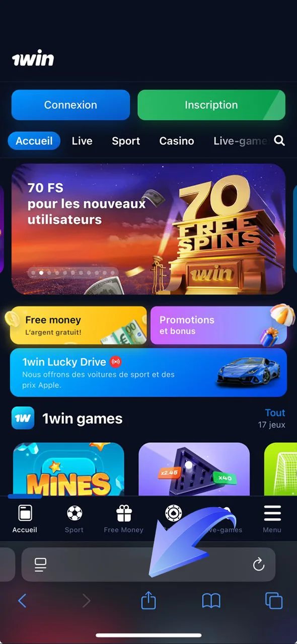 Partagez facilement votre expérience de jeu avec l'icône Partager 1Win.