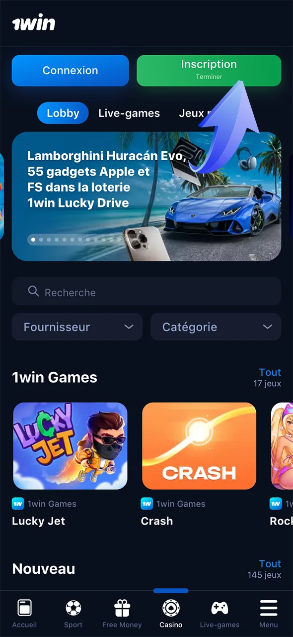 Cliquez sur le bouton d'inscription et débloquez vos bonus sur 1Win.