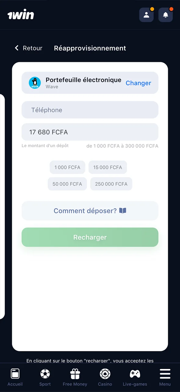 Effectuez un dépôt sécurisé et commencez à jouer sur 1win.