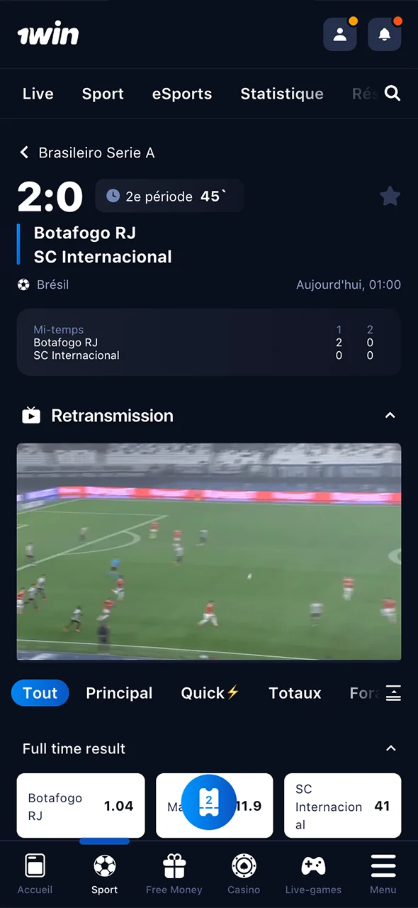 Regardez le match en direct et suivez vos paris sur 1win.