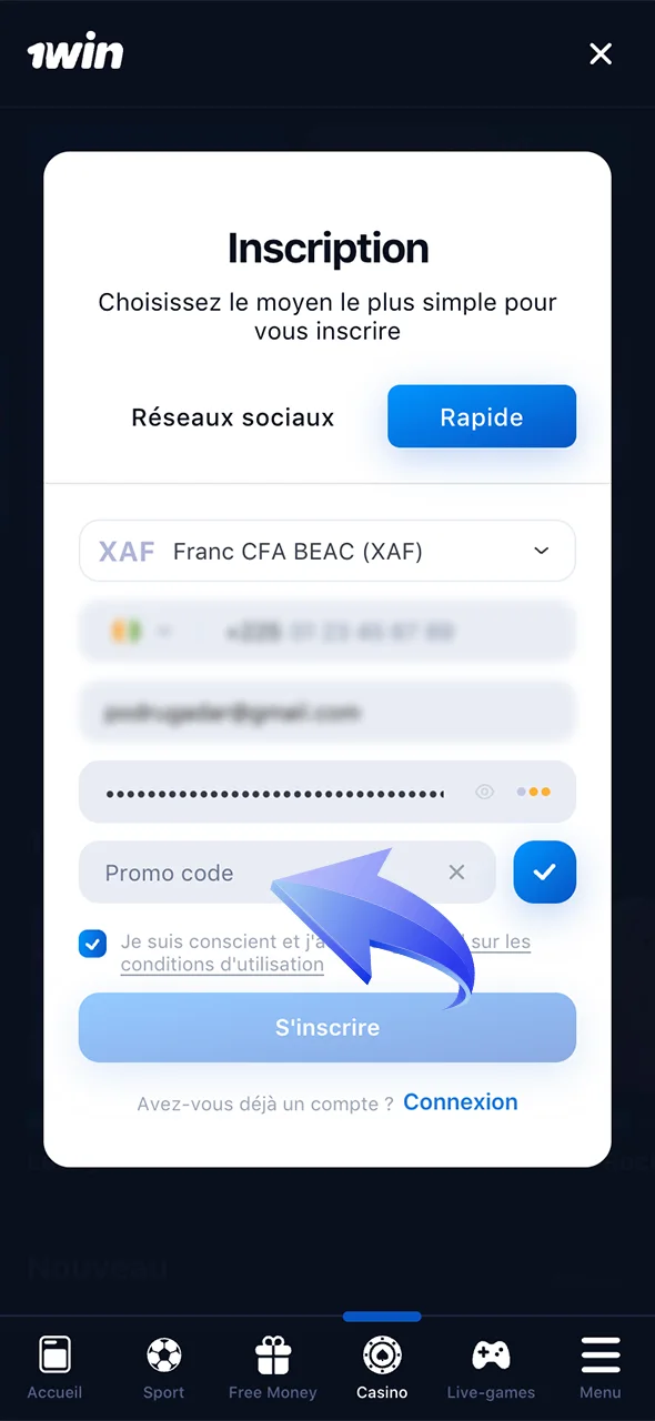 Activez votre bonus en introduisant un code promo lors de l'inscription sur 1Win.