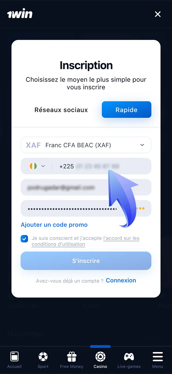 Entrez vos informations personnelles pour finaliser votre inscription sur 1Win.