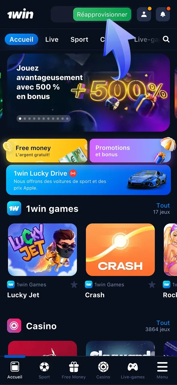 Accédez facilement à la section dépôt sur 1win.