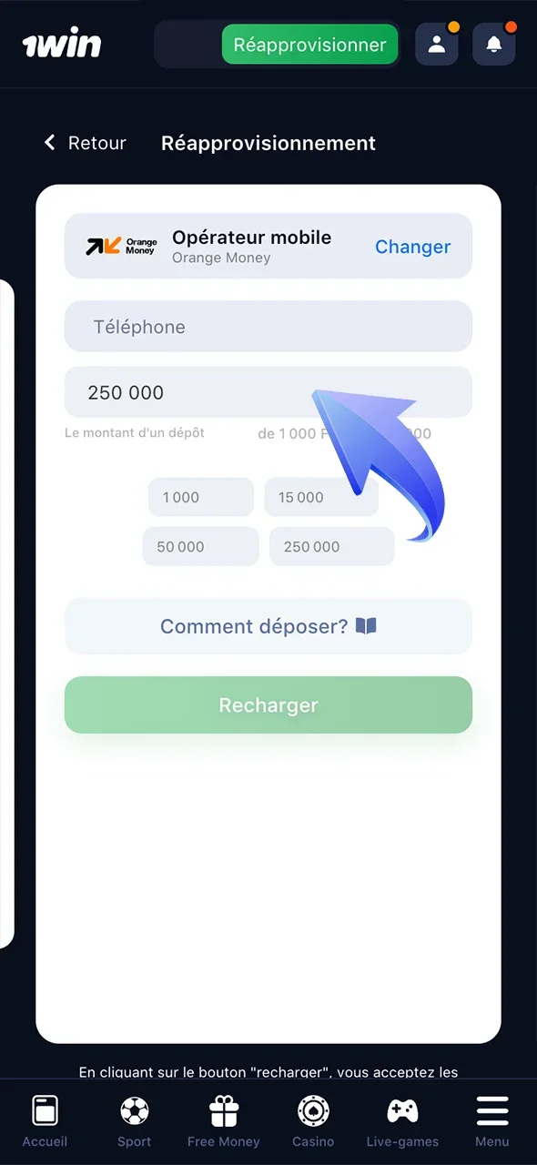 Indiquez le montant à déposer et commencez à jouer sur 1win.
