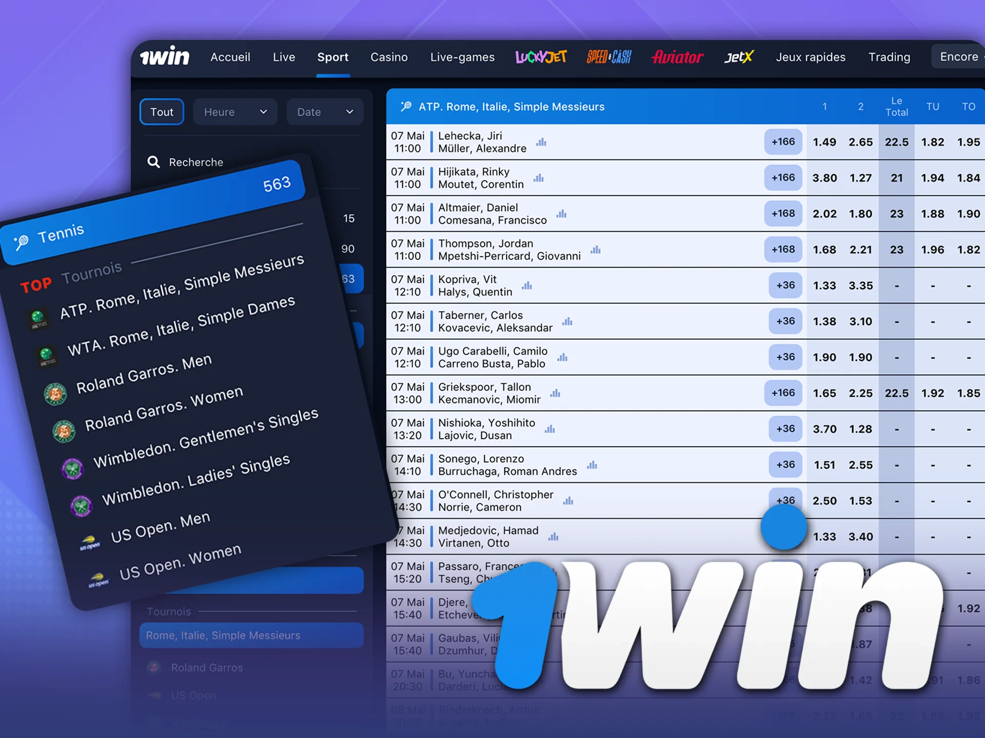 Pariez sur le tennis avec des cotes compétitives sur 1Win.