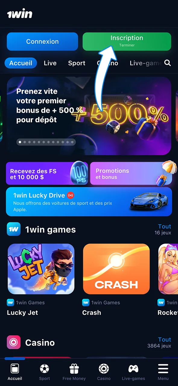 Créez votre compte 1Win en cliquant sur le bouton d'inscription.