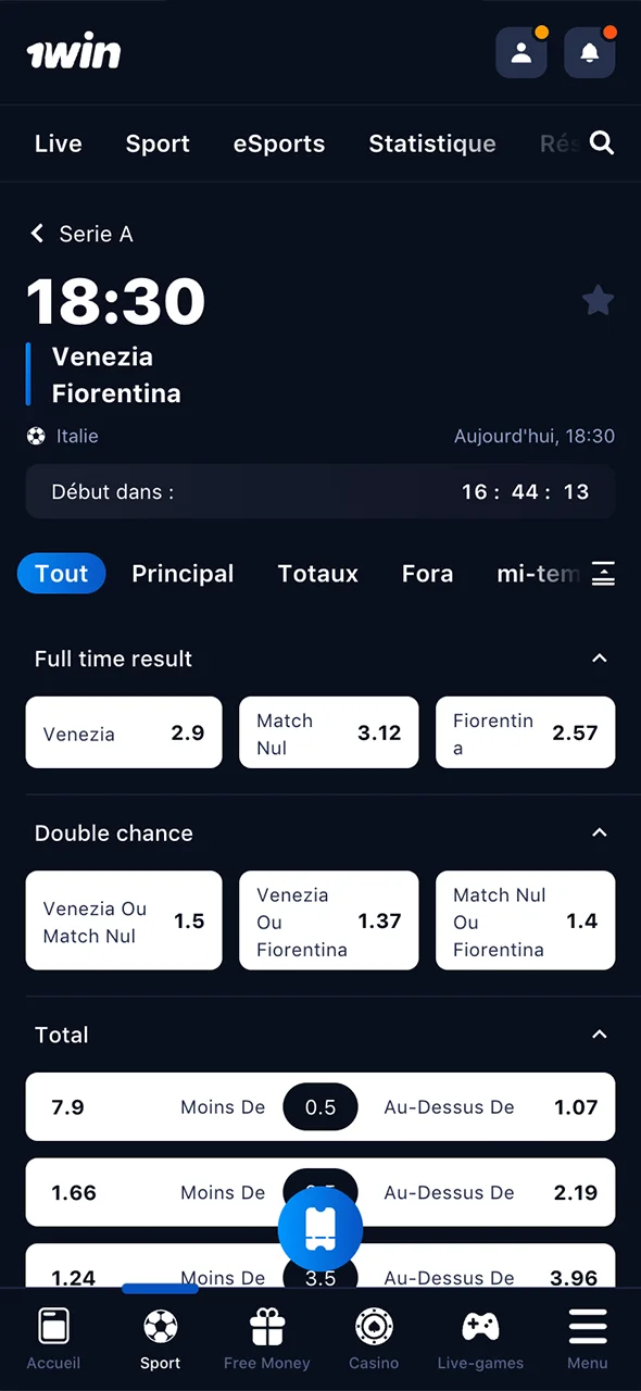 Sélectionnez votre match et le type de pari pour multiplier vos gains sur 1Win.