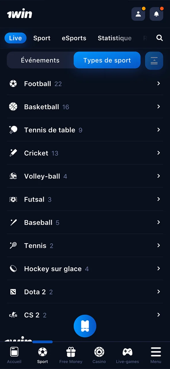 Rendez-vous dans la section Sports et choisissez vos événements préférés sur 1Win.