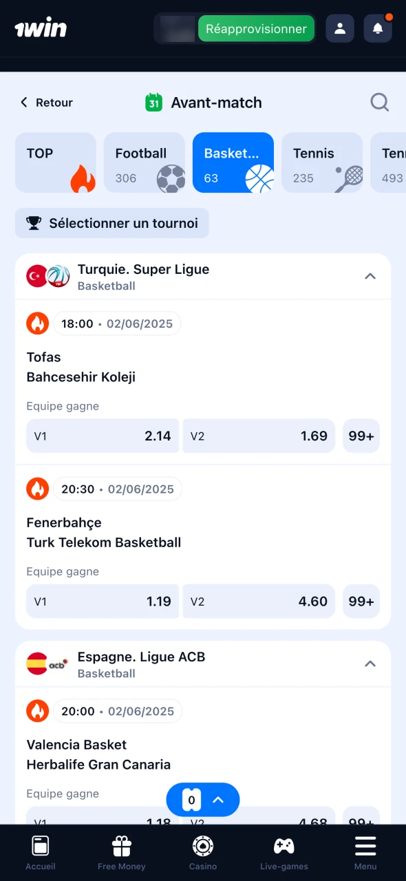 Trouvez et sélectionnez la catégorie Basket sur 1Win.