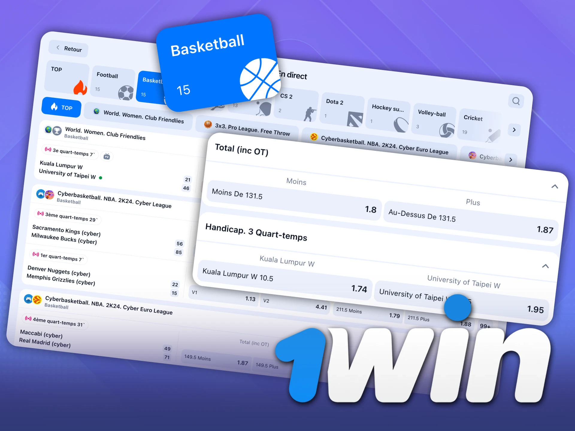 1Win propose des cotes compétitives pour tous les marchés du basket-ball.
