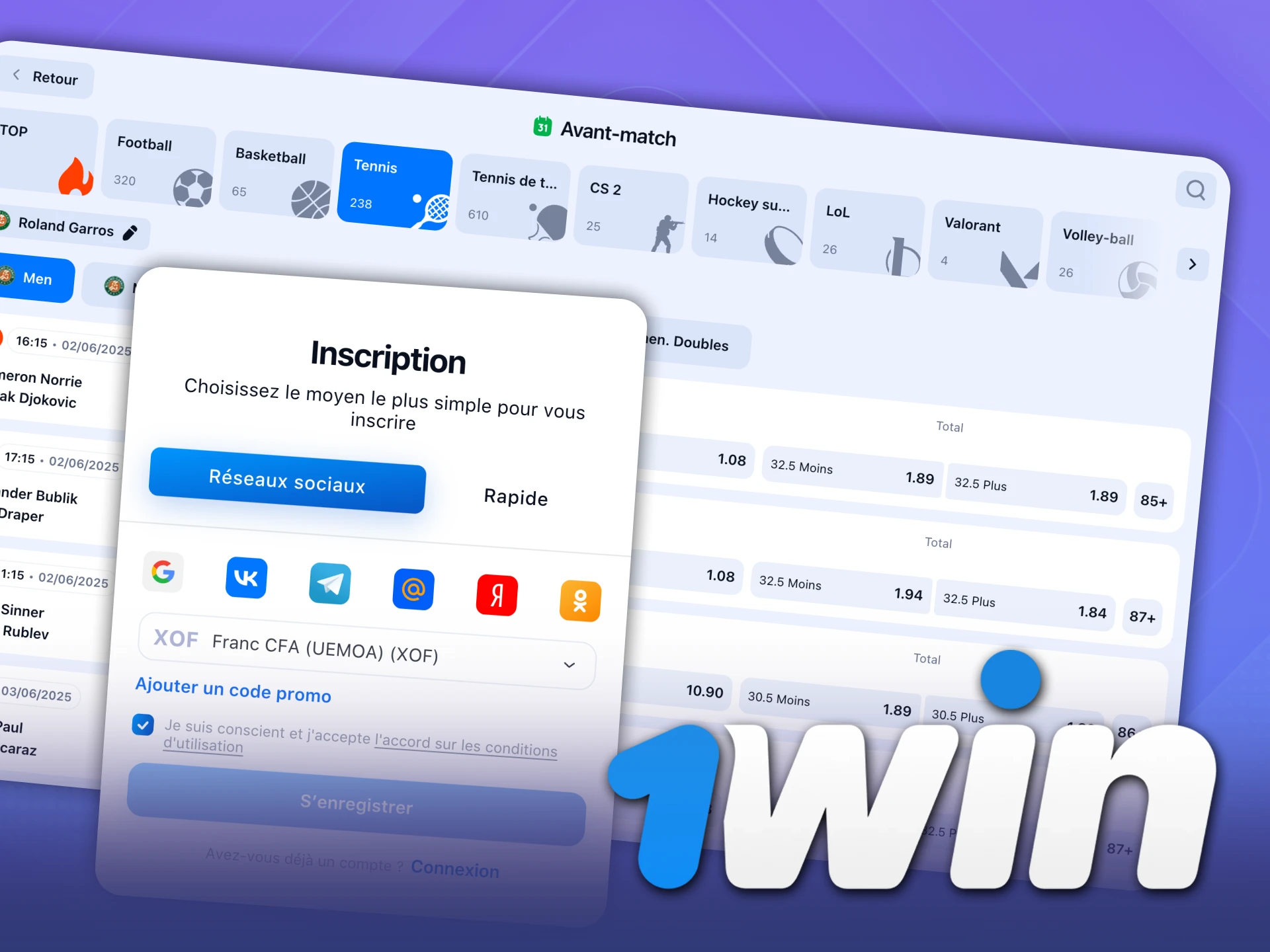 Inscrivez-vous sur 1Win pour commencer à parier sur le tennis.