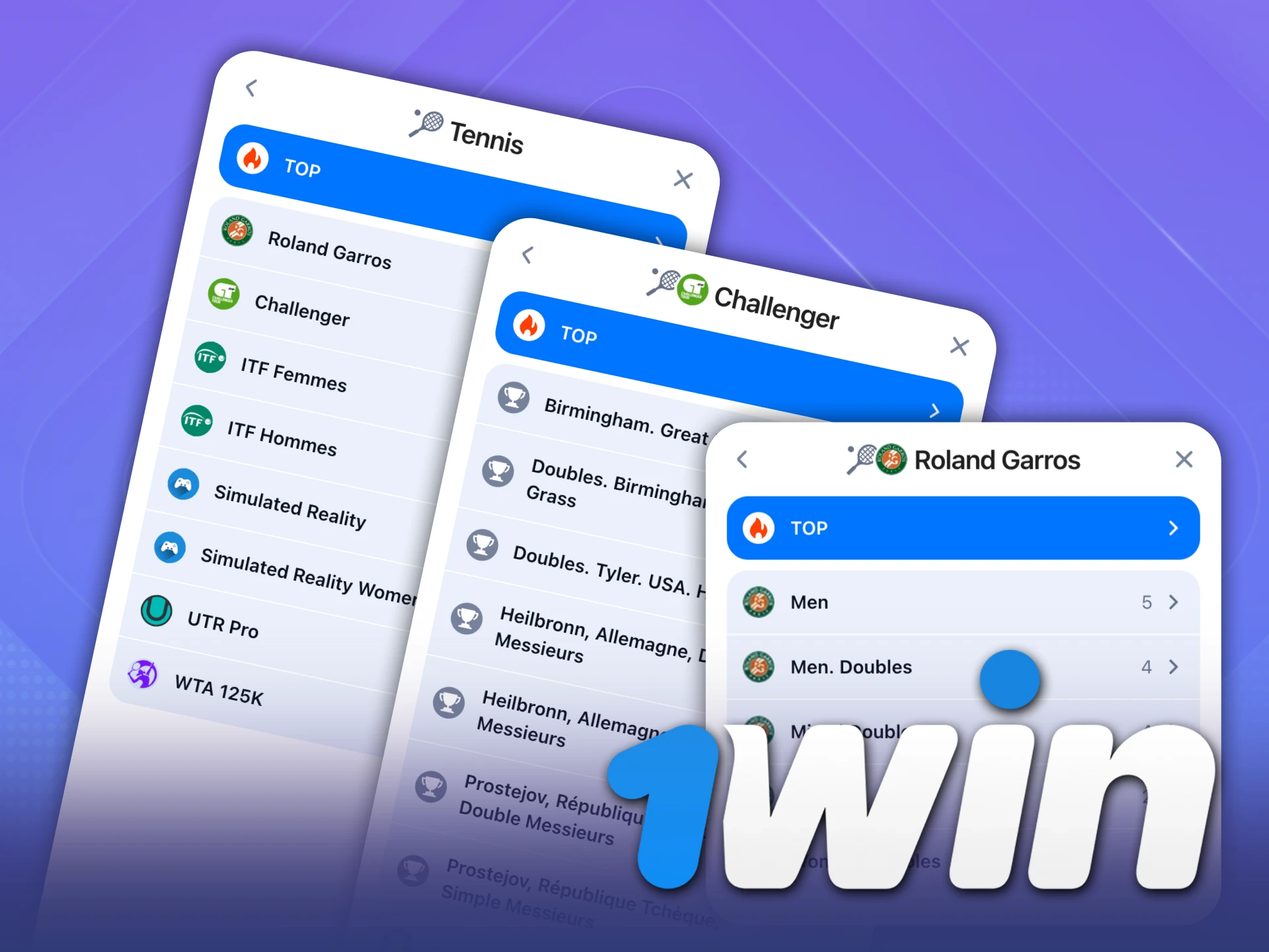 Vous trouverez de nombreux tournois de tennis importants sur 1Win.