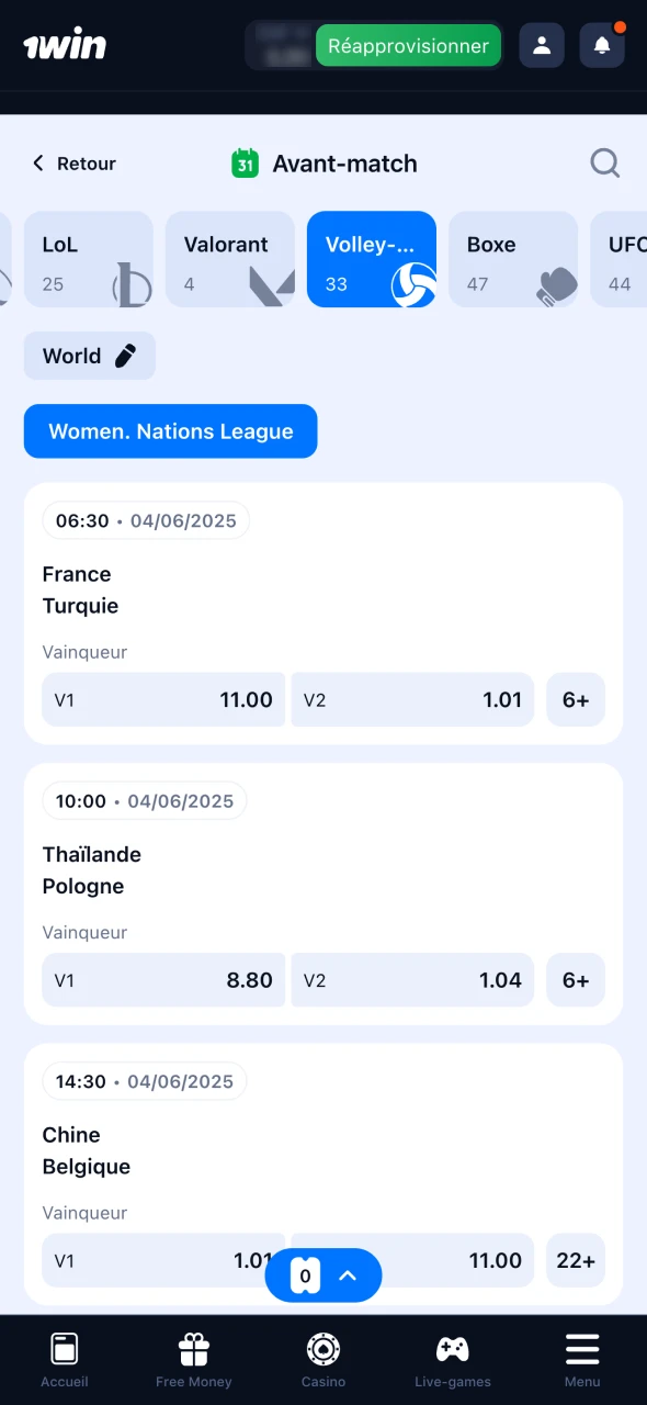 Sélectionnez le type de pari sur la section 1Win volleyball.