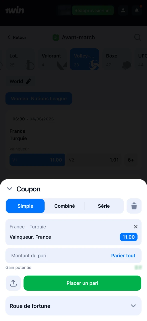 Confirmez votre pari et recevez vos gains 1Win.