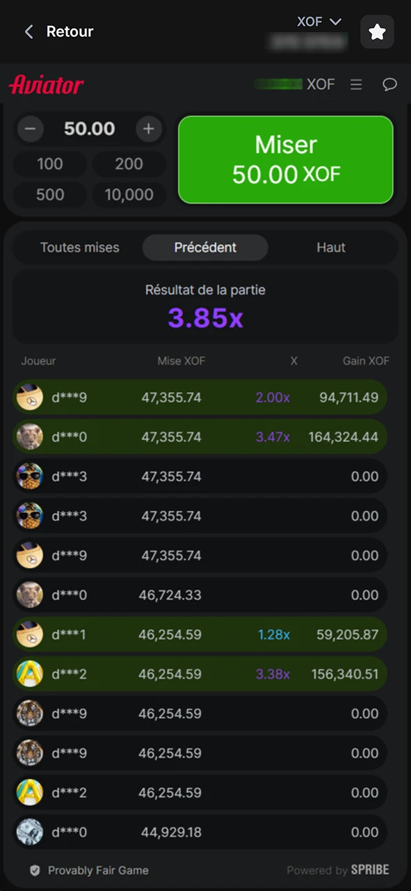 Paris précédents dans le jeu Aviator sur le site officiel 1win.