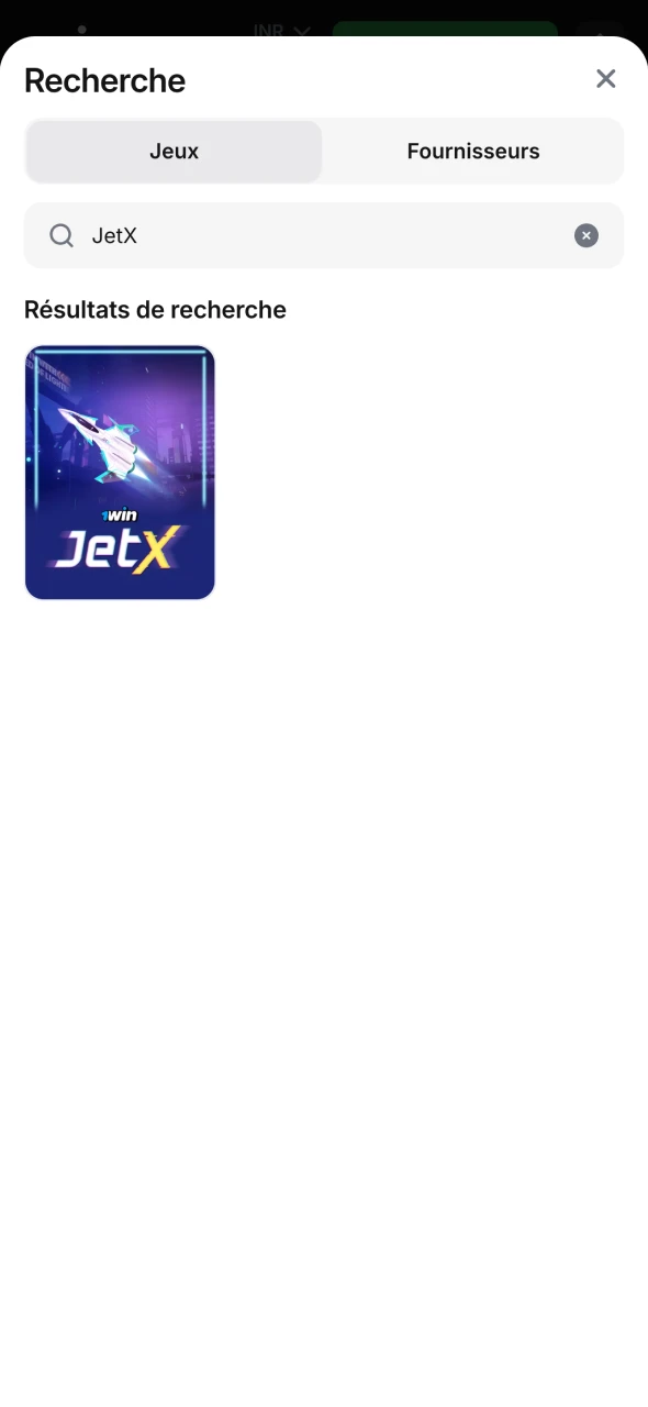 Recherchez JetX à l'aide de la barre de recherche sur 1Win.
