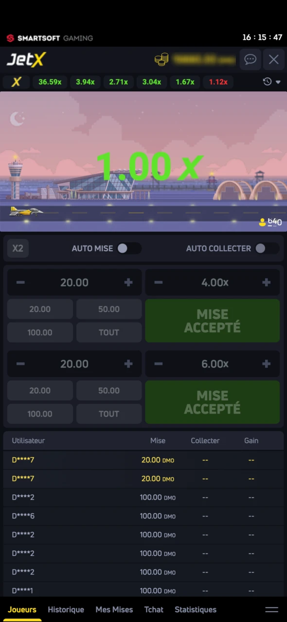 Placez votre pari dans le jeu JetX sur 1win.