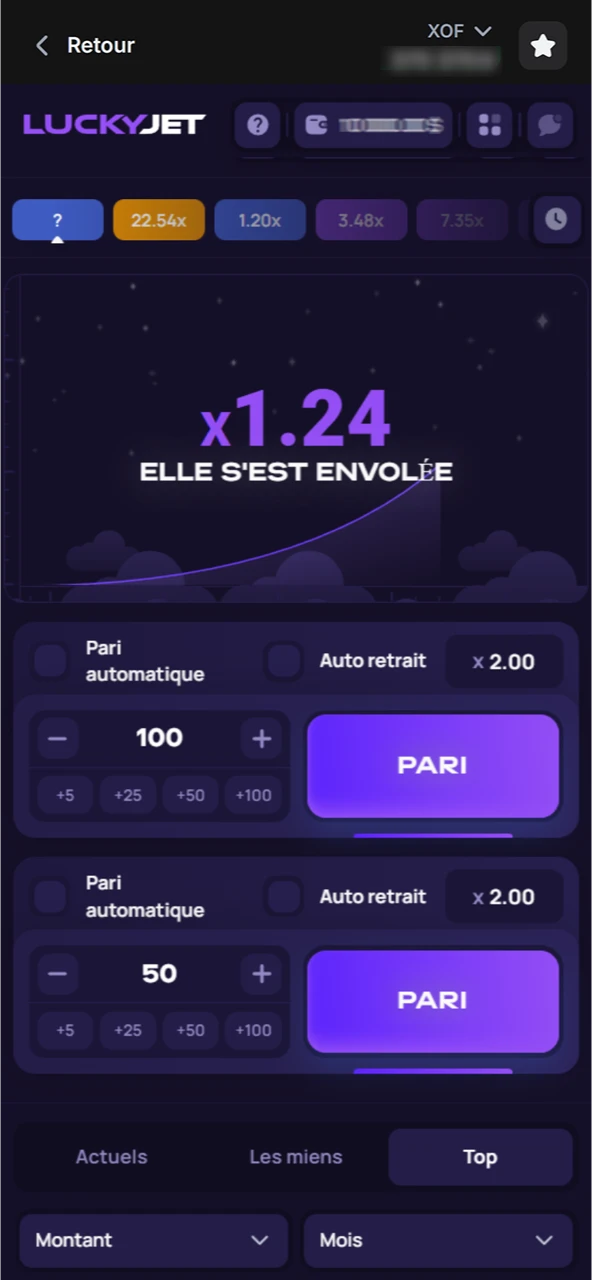 Fin du tour de jeu Lucky Jet 1win.