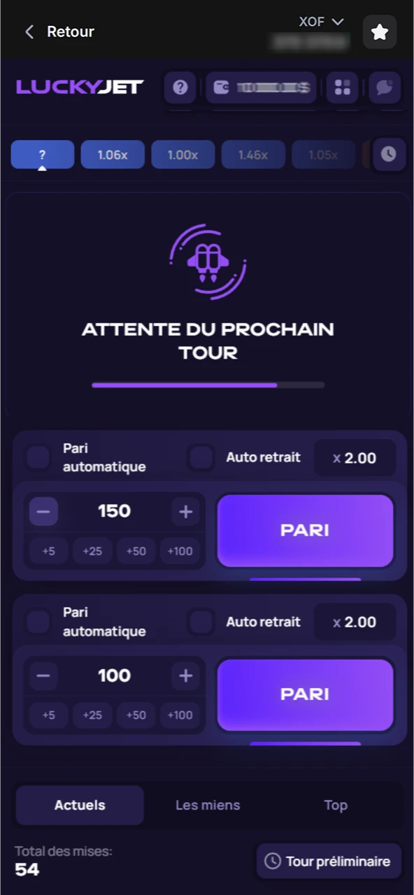 Dans le jeu Lucky Jet sur le site officiel, profitez de l'opportunité de faire deux paris différents en même temps.