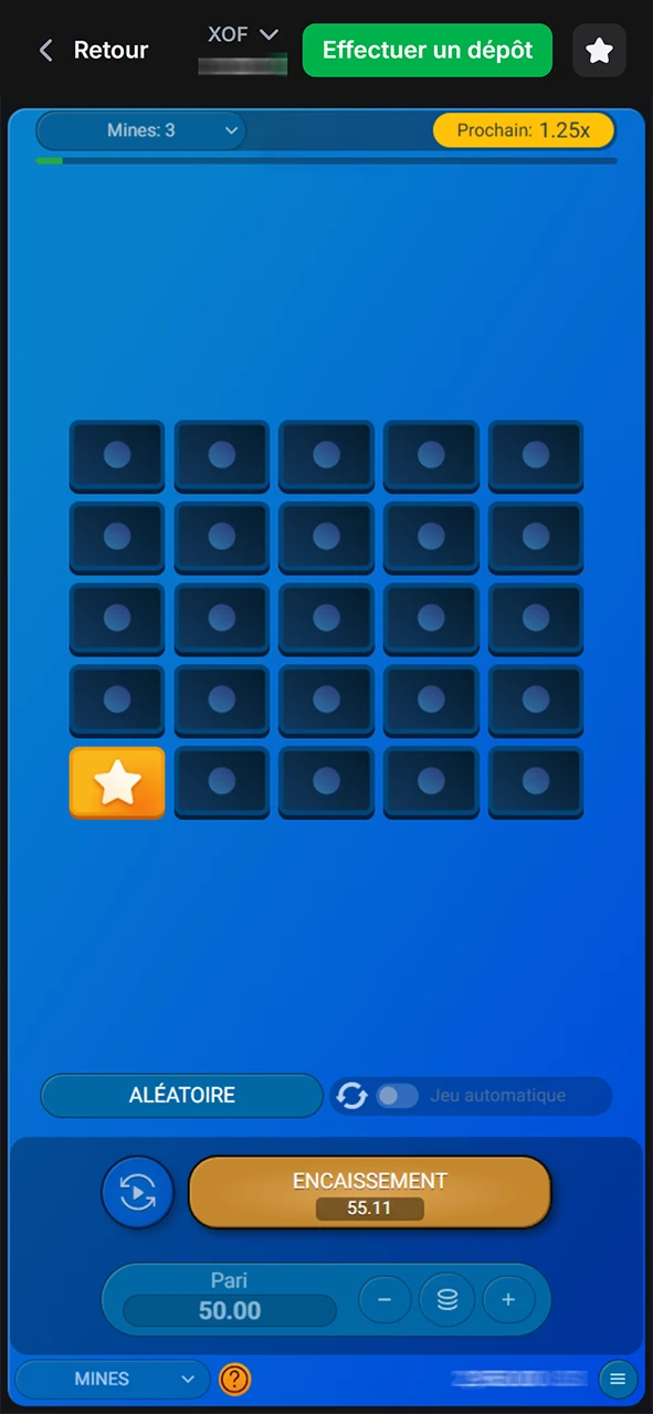 Placez votre pari et ouvrez la machine à sous pour démarrer le jeu Mines 1win.