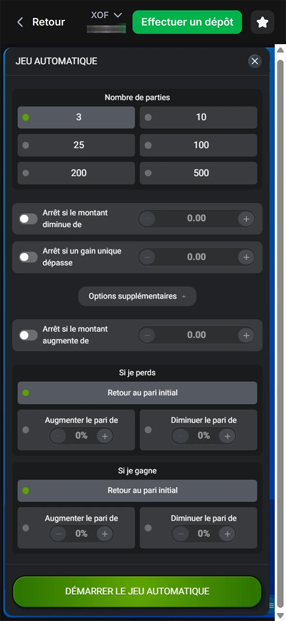Essayez différents paramètres pour le mode automatique dans le jeu Mines sur le site officiel 1win.