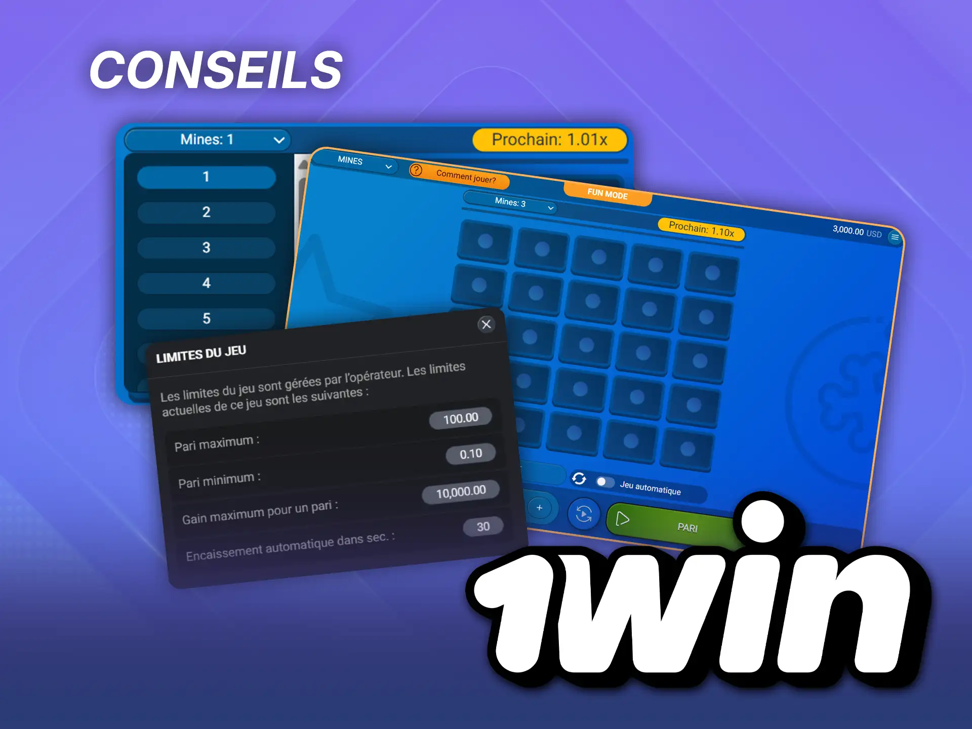 Commencez par de petits paris, utilisez la version démo du jeu Mines et retirez régulièrement vos gains sur le site officiel de 1win.
