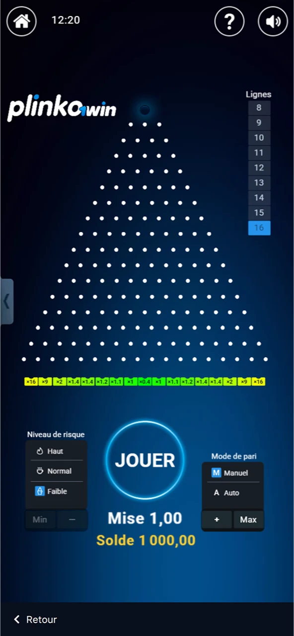 Au début du jeu à Plinko sur le site officiel 1win, choisissez le nombre de rangées préféré.