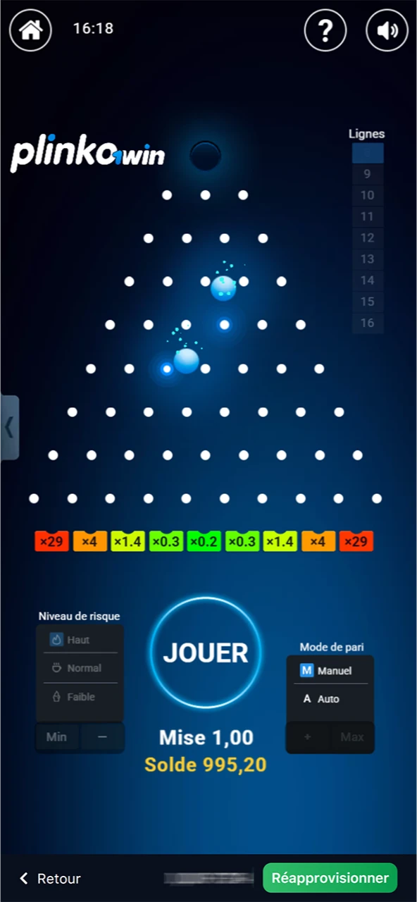 Les joueurs de Plinko sur le site officiel de 1win peuvent choisir le niveau de risque.