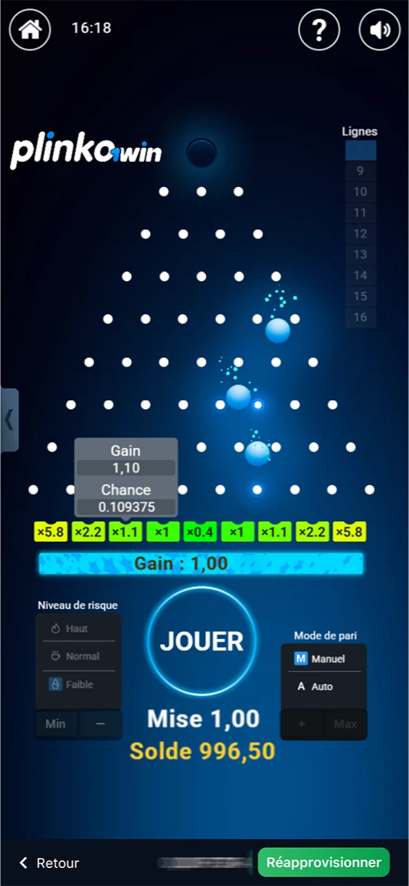 Le jeu Plinko sur le site officiel 1win vous permet d'estimer les chances de gagner des paris.