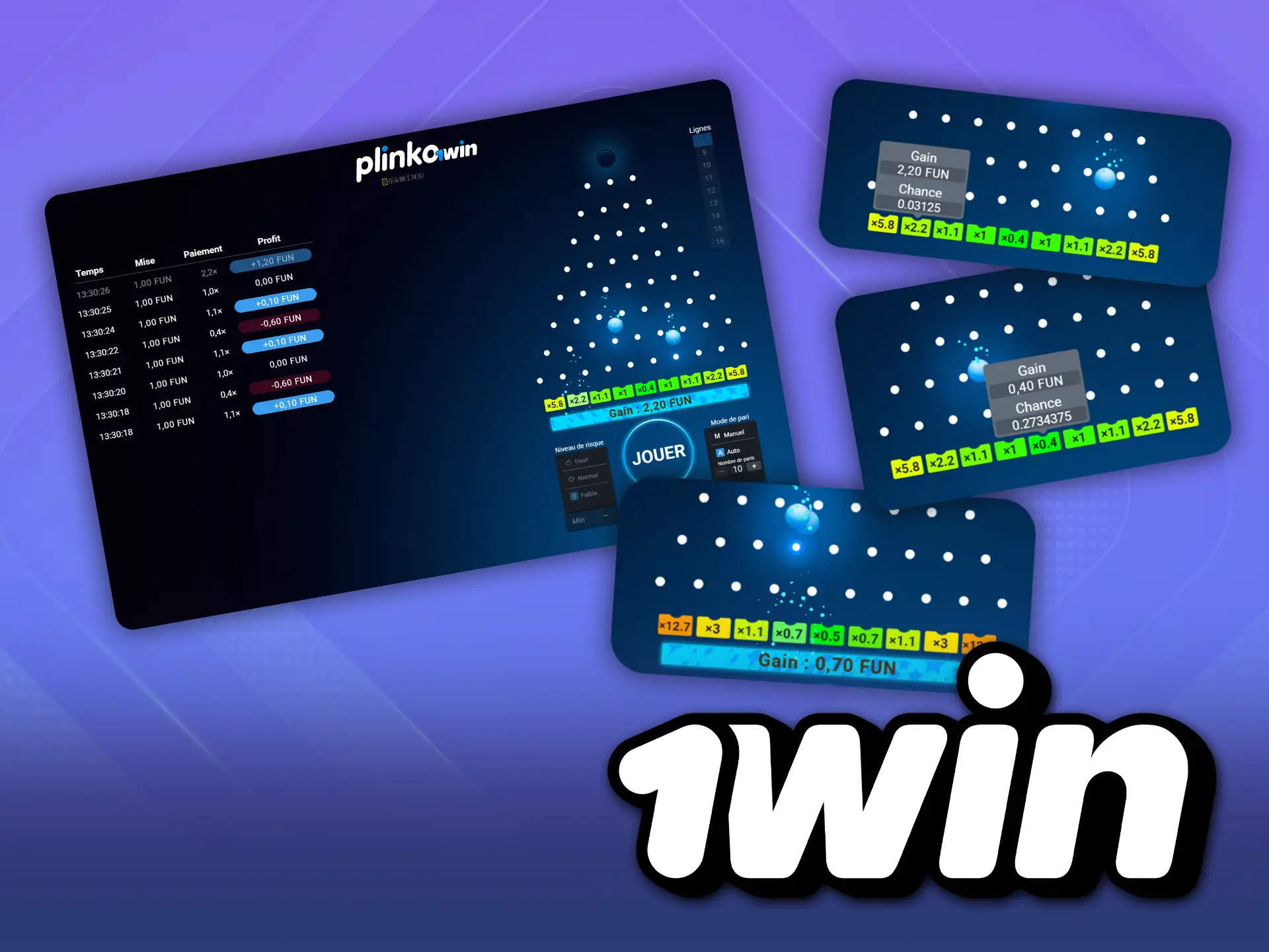 Selon les règles du jeu Plinko 1win, atterrir sur les cellules extérieures vous permet d'obtenir un gain plus élevé.