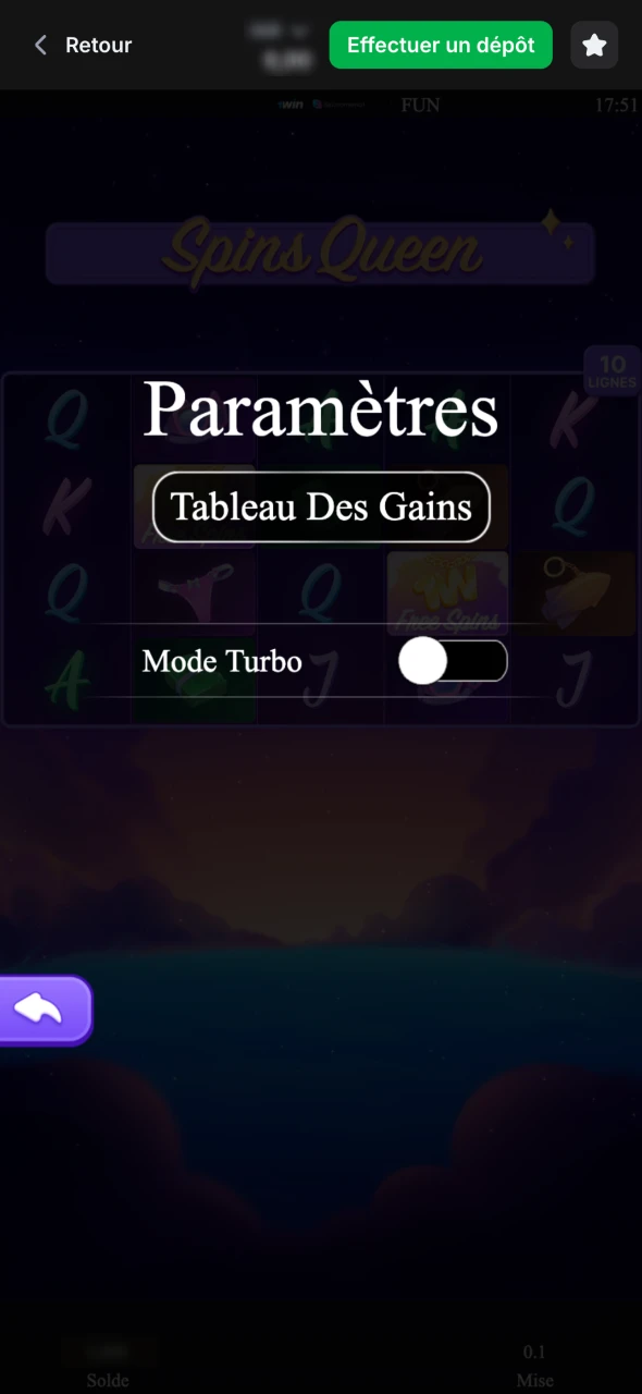 Découvrez les paramètres de Spins Queen sur 1Win.