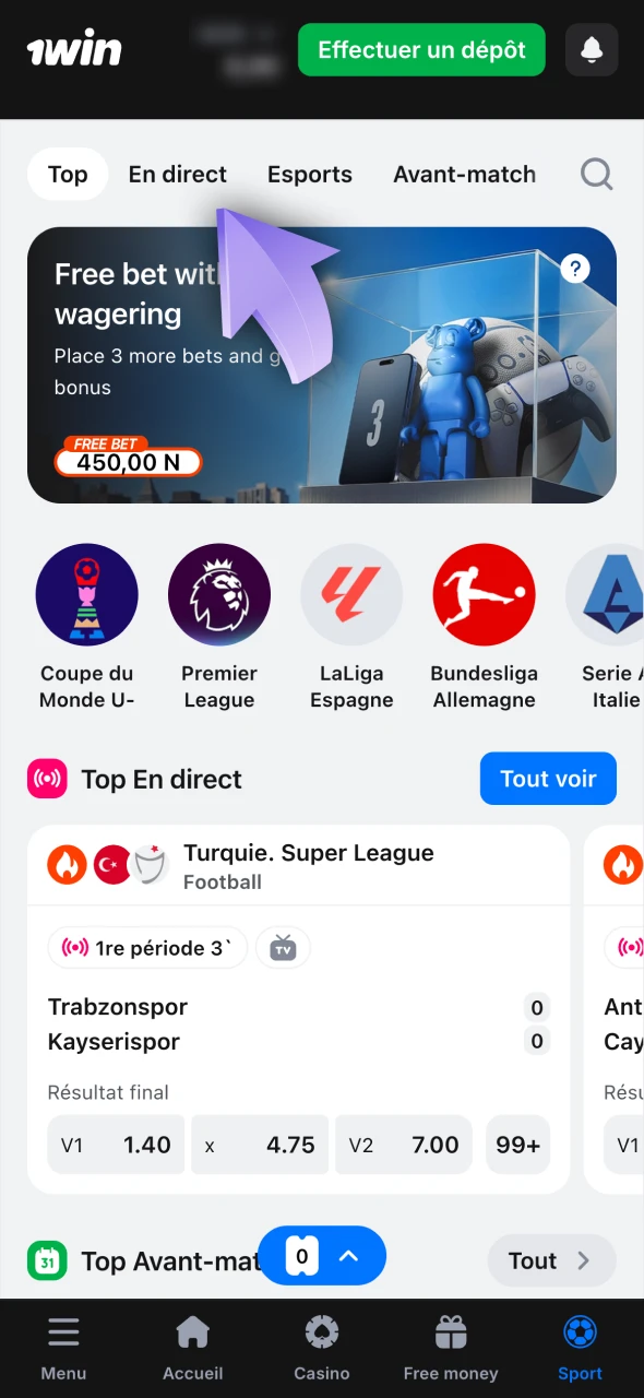 Accédez à la section en direct sur le site 1win.