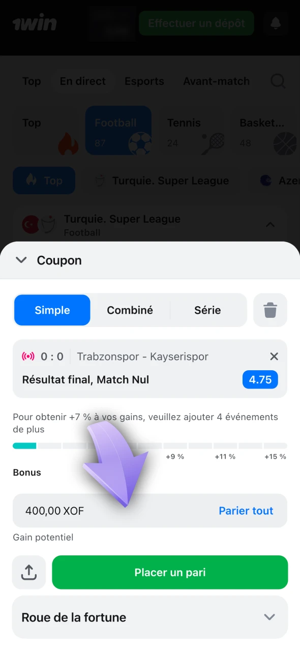 Entrez le montant que vous souhaitez miser sur 1win.