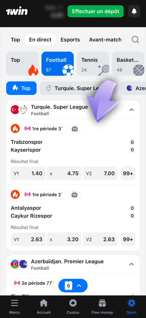 Sélectionnez le sport sur lequel vous souhaitez parier sur 1win.